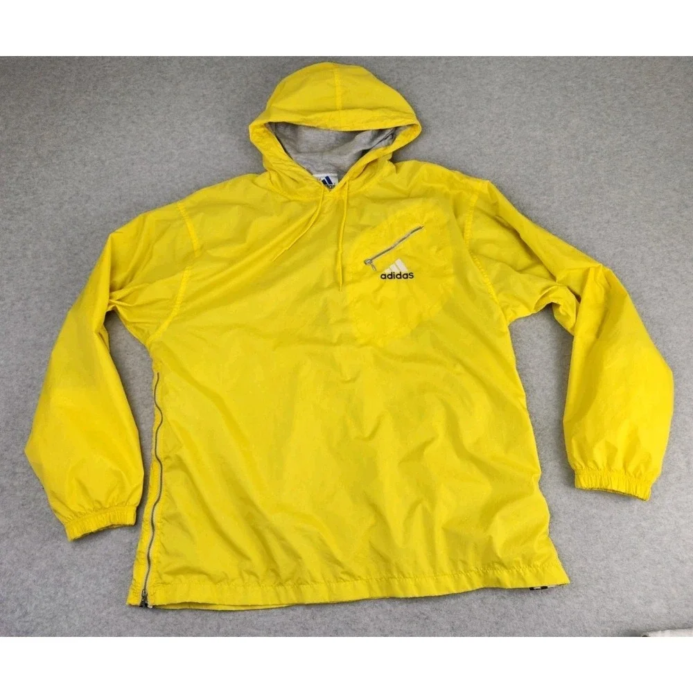 VTG Adidas Mens Windbreaker Jacket Yellow Black stripe Cotton Lined Hoodie LARGE